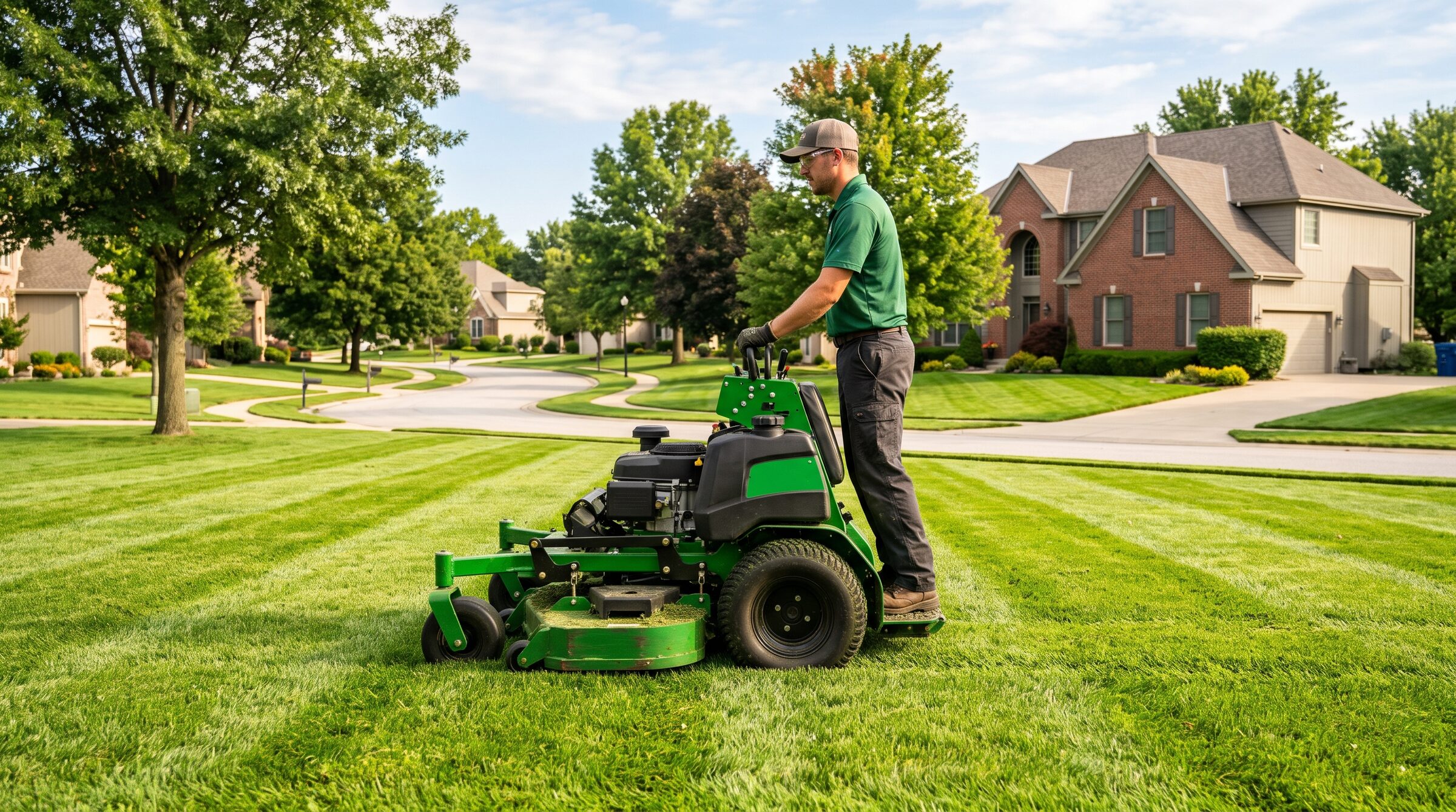 Lawn care professional on a stand-on commercial mower striping a residential lawn